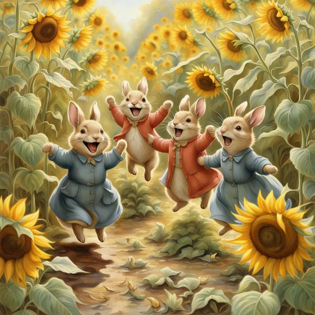 Dancing Through Sunflower Forest in Beatrix Potter Style