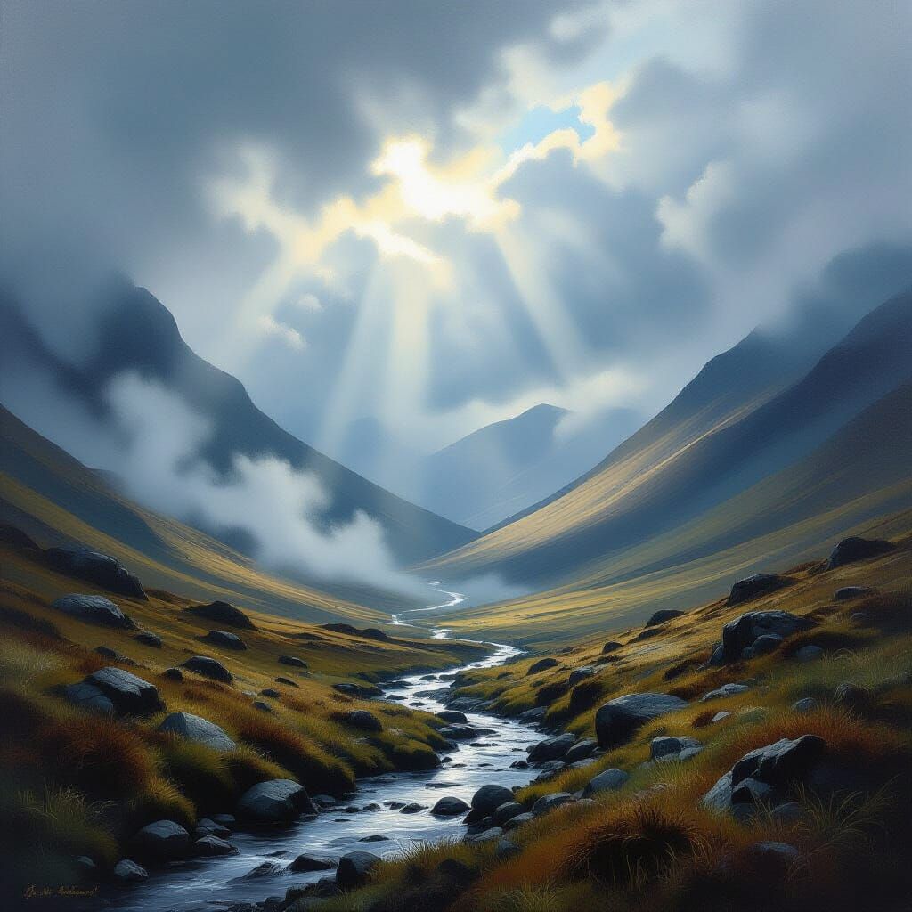 Dramatic Scottish Glen Oil Painting with Ethereal Light