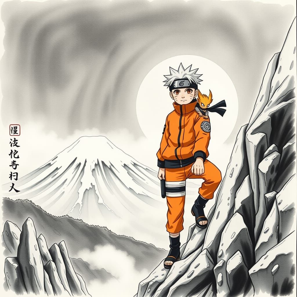 Naruto and Kurama Climb Mount Fuji: Charcoal Art