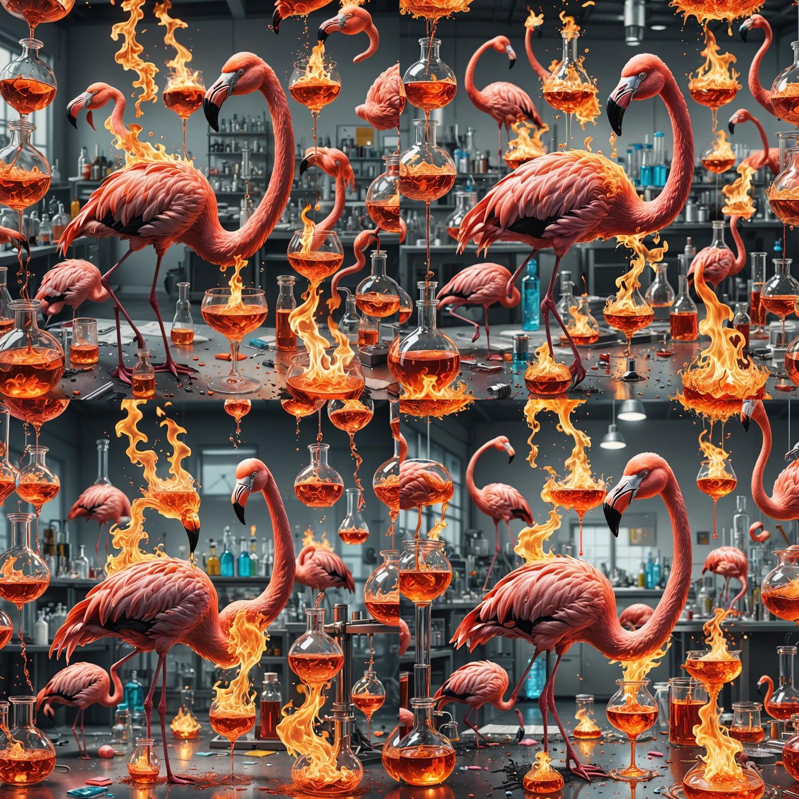 Flaming Flamingo in Lab, Digital Art Collage