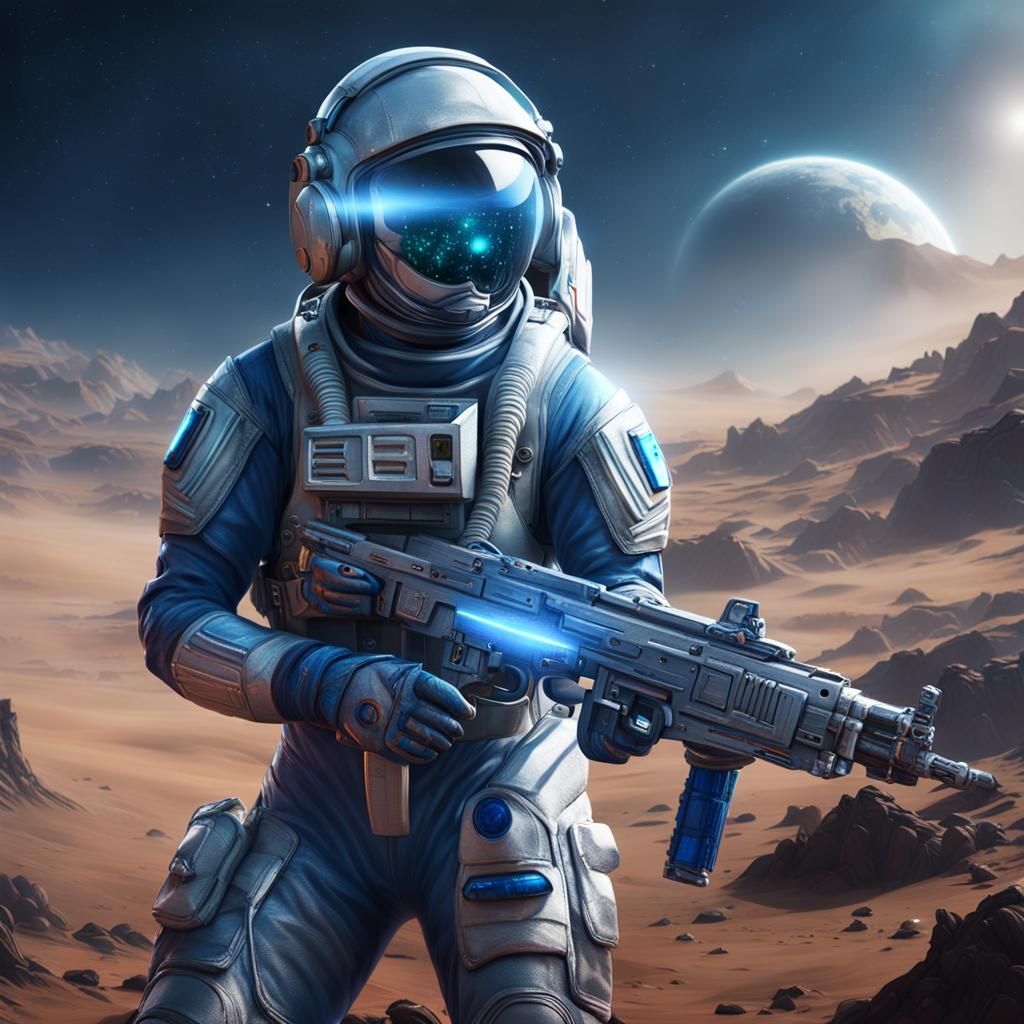 Silver Skinned Person in Spacesuit: Detailed Matte Painting