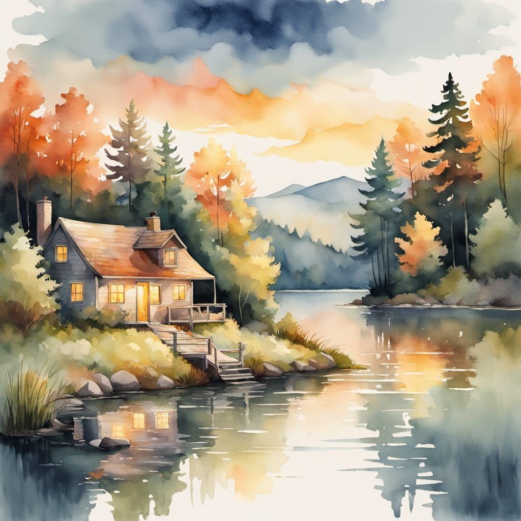 Cozy Watercolor Cottage Scene at Sunset