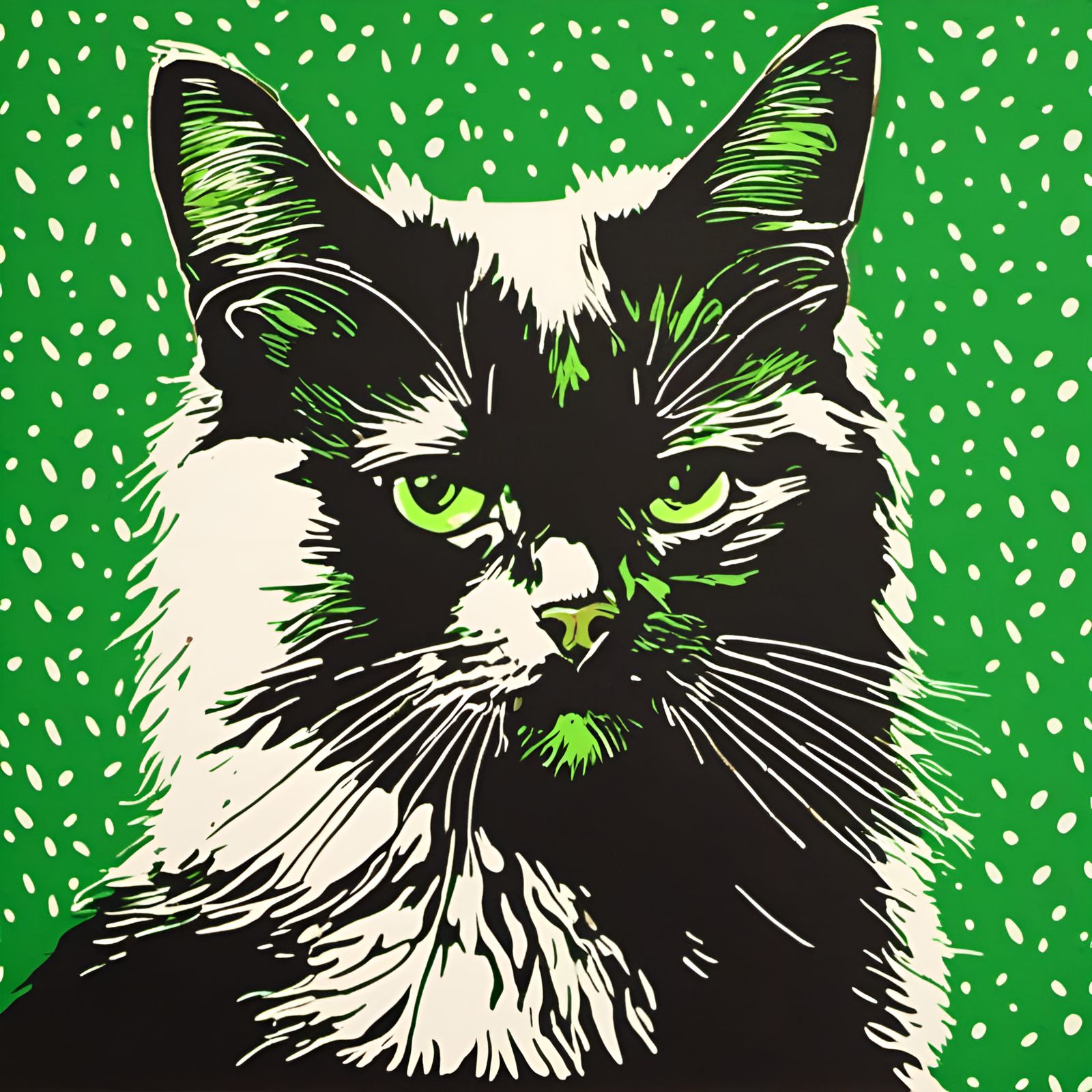 High Contrast Green Cat Screen Print