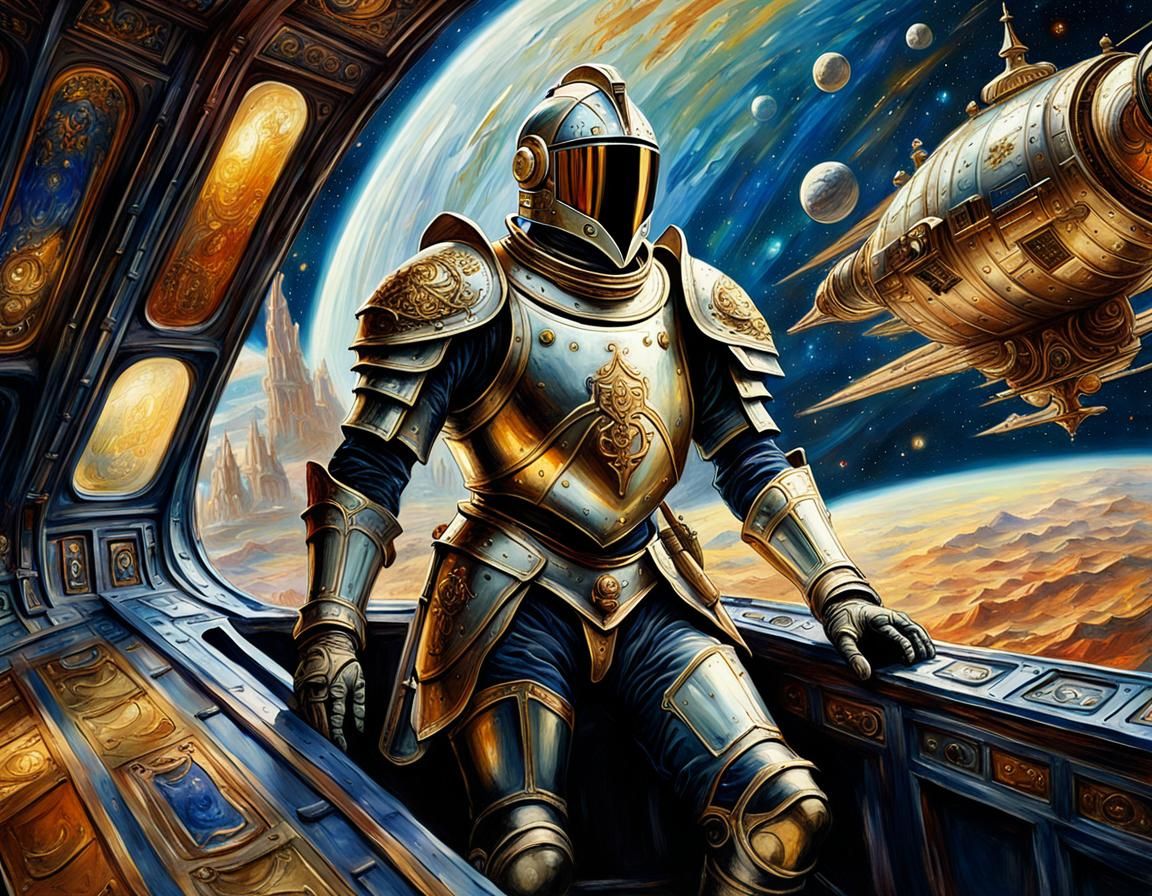 middle ages knight in space on a space ship -Cinematic Volum...