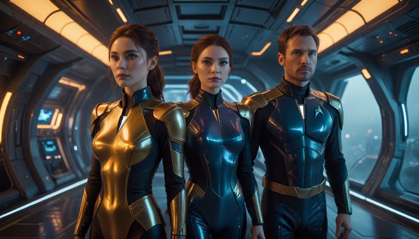 Regal Futuristic Couple in Starfleet Latex Uniforms