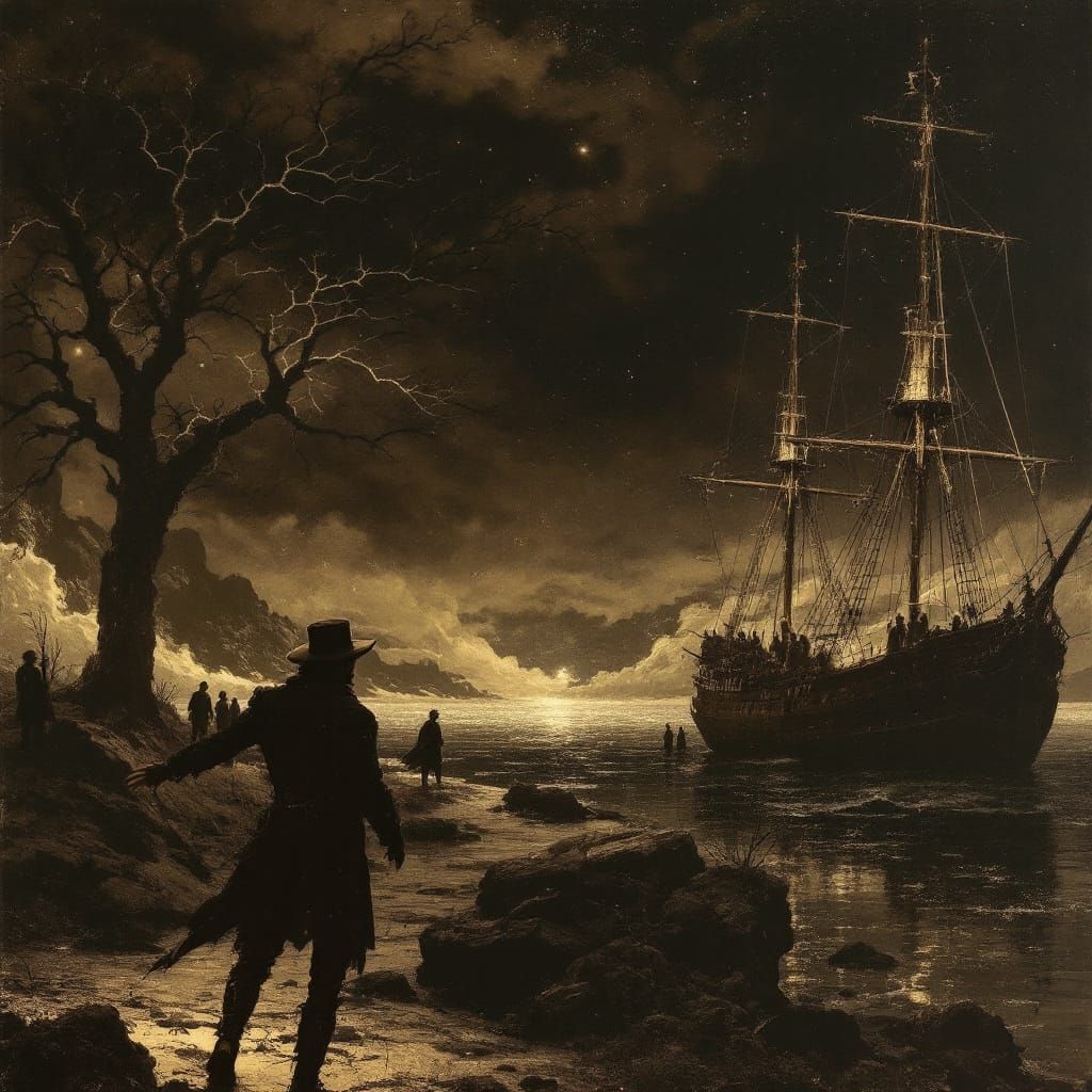 Paul Revere Walks Dark Shore in Eldritch Art Nouveau