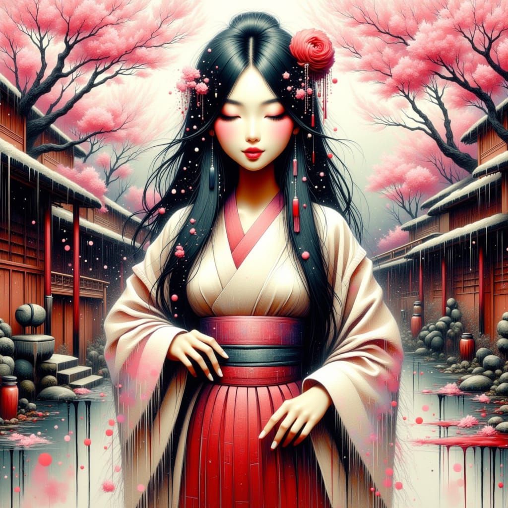 Traditional Japanese Beauty in Serene Cherry Blossom Village