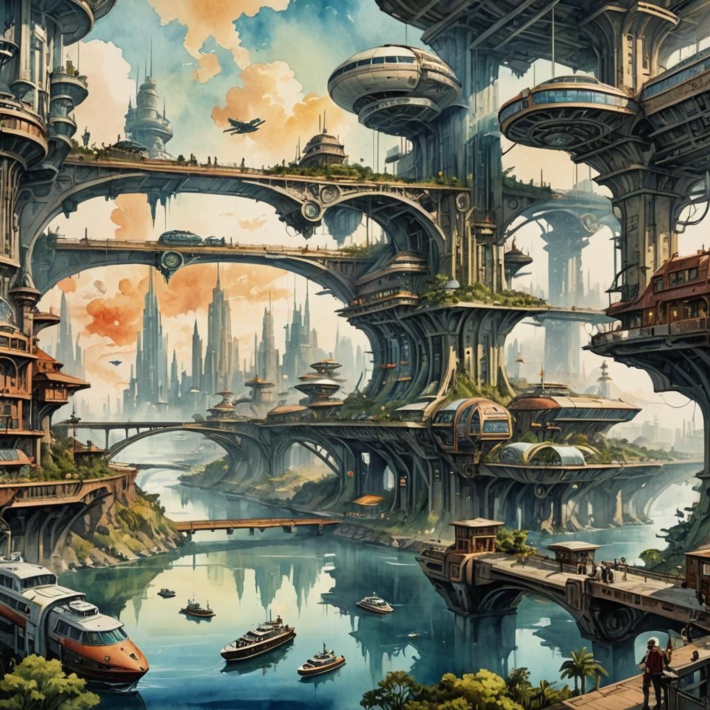 Steampunk Imperial City on Island in Watercolor Style