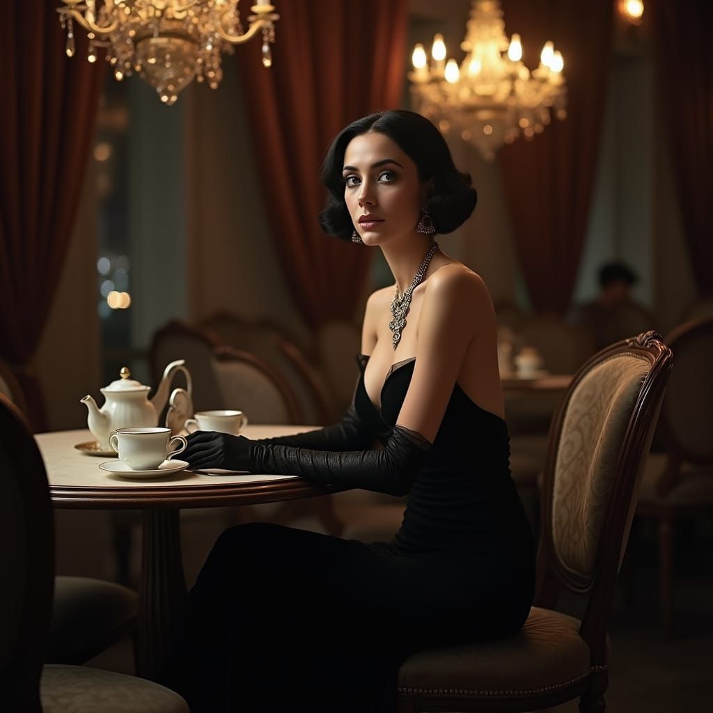 Elegant Woman in Midnight Russian Tea House Setting