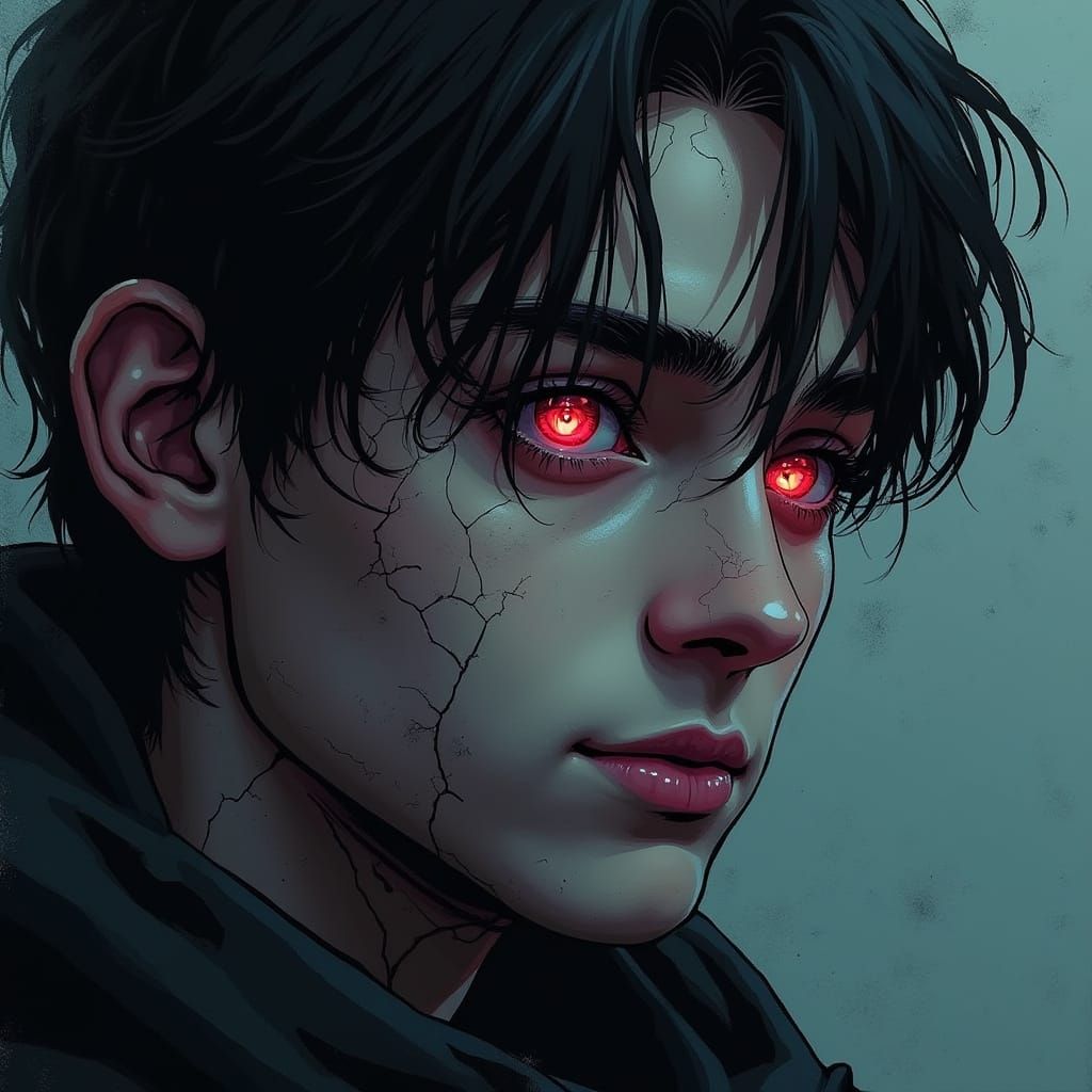 Cracked Glass Portrait in Dark Ink Style