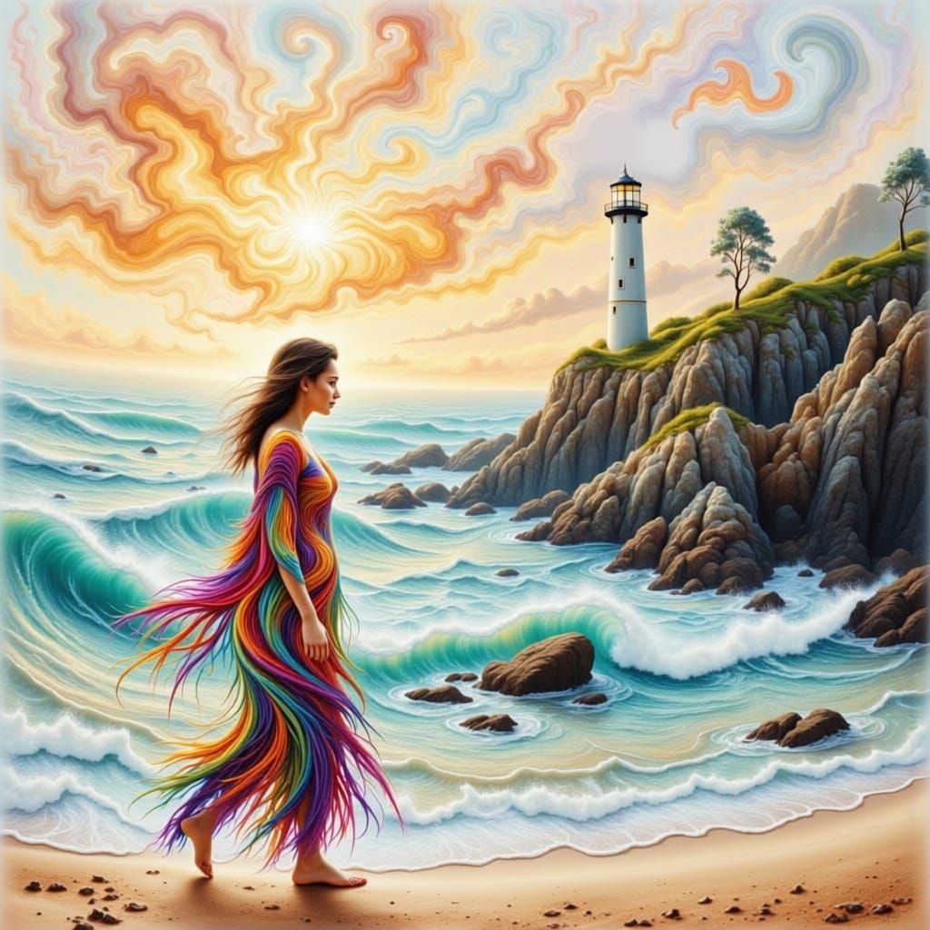 Woman in Swirly Outfit on Misty Beach at Sunset