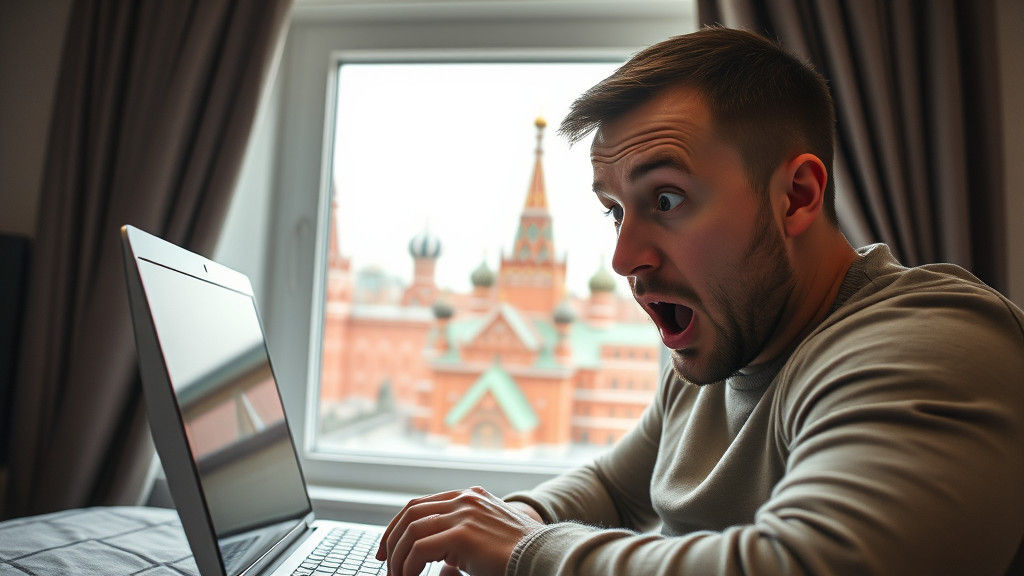 Shocked Man Gazing at Laptop in Moscow