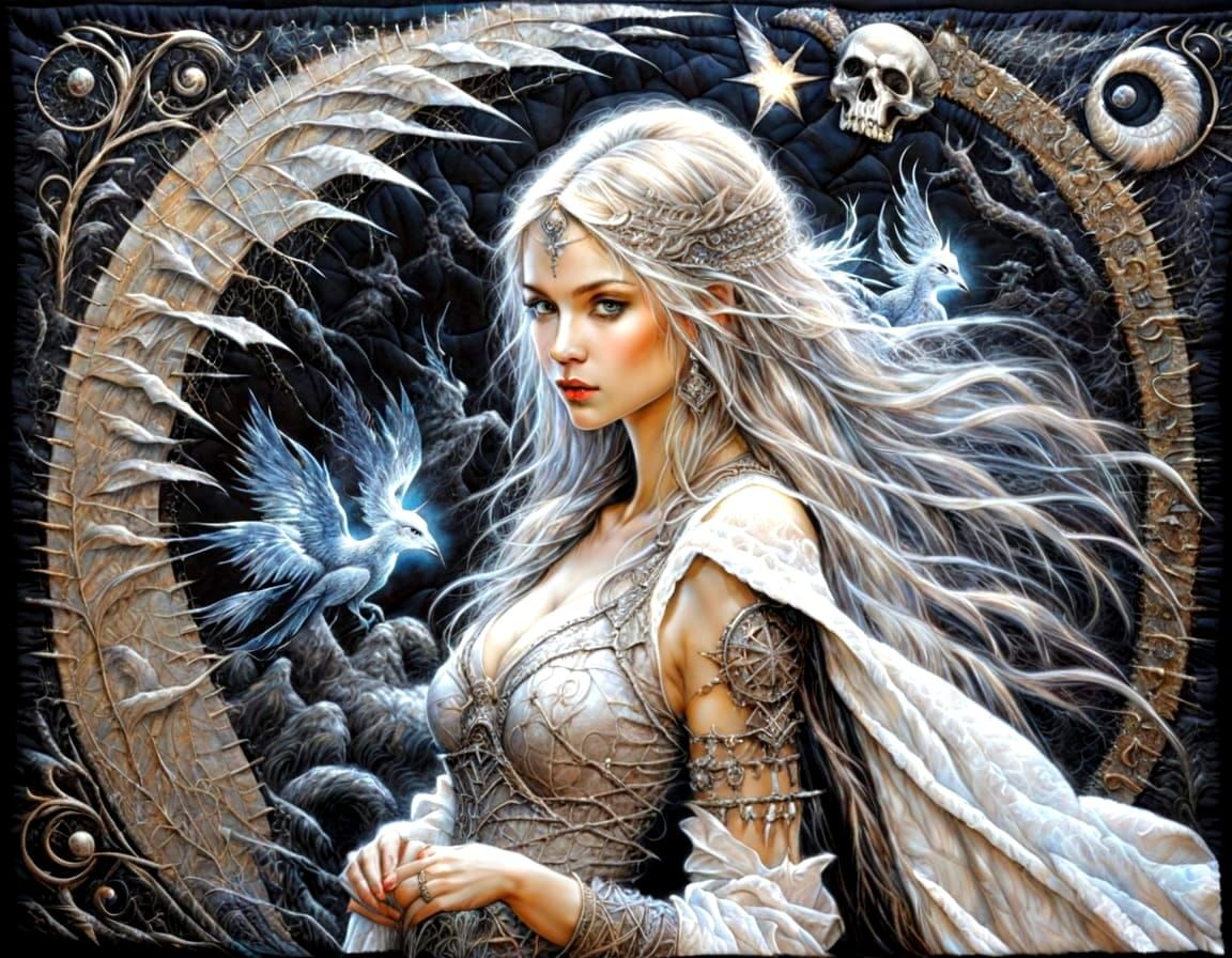 Luminous Embroidered Fantasy Quilt in Chiaroscuro Style