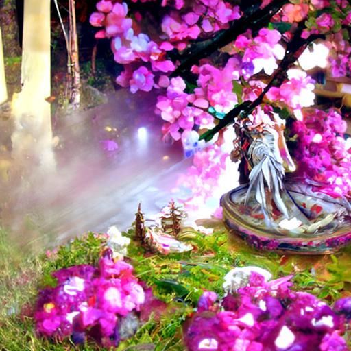 Ethereal Cherry Blossom Goddess in a Misty Landscape