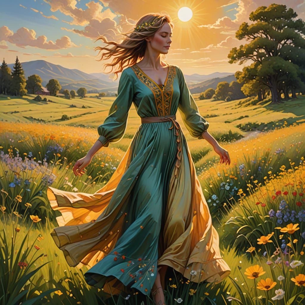 Woman Dancing in Sunlit Meadow Oil Painting