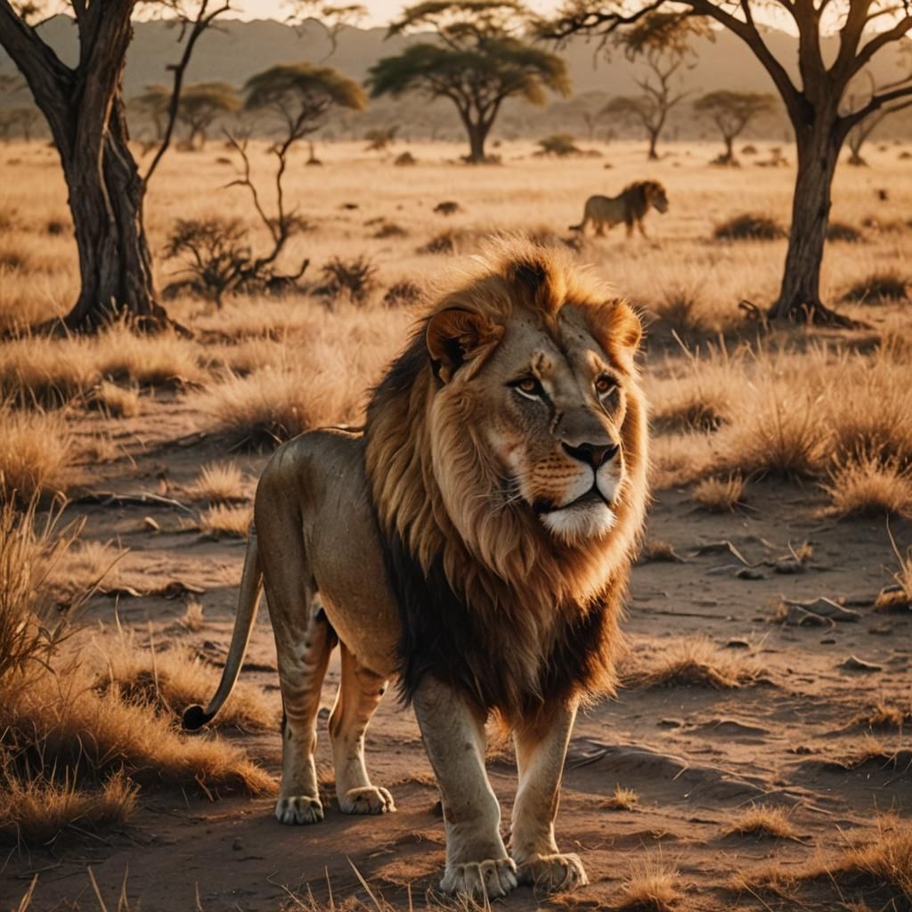 Lion at Savanna Watering Hole in Golden Light