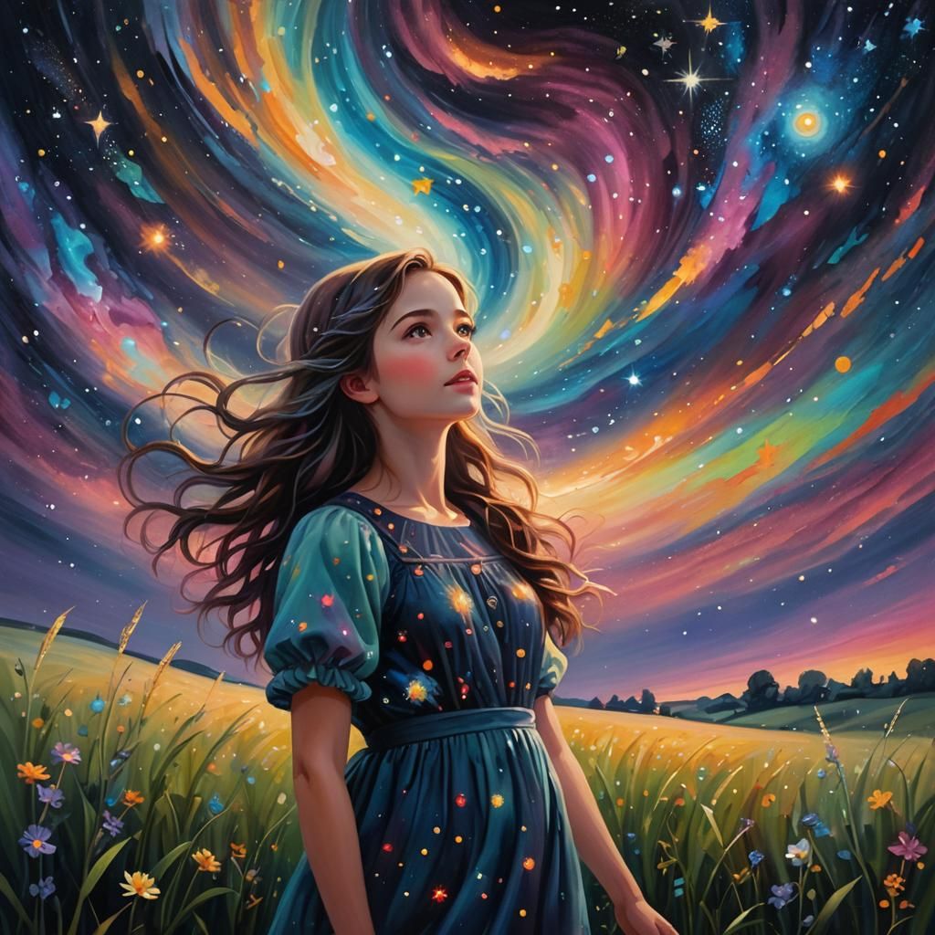 Dreamy Girl Gazing at Swirling Starry Night