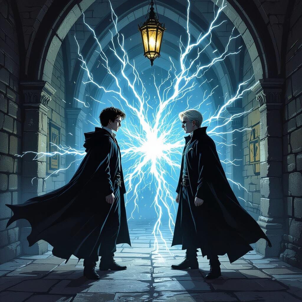Wizard Battle in Dark Hogwarts Corridor