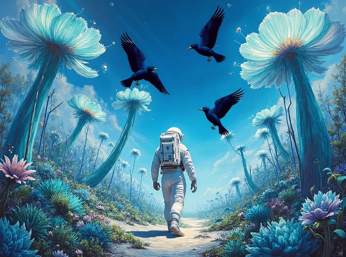 Exotic Blue Birds in a Lush Garden