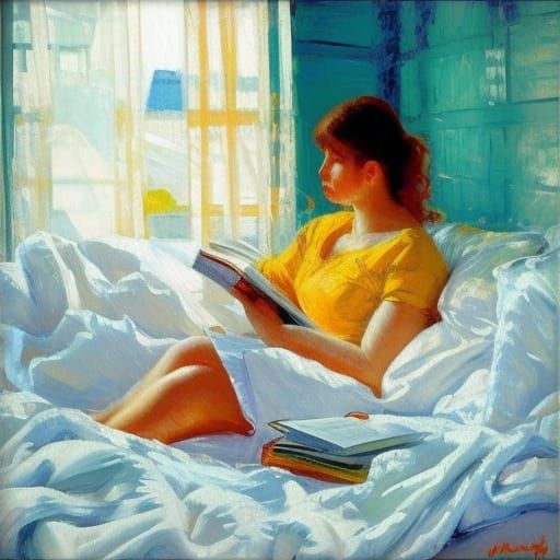 A coffee woman in bed, reading a book, the sun is shining th...