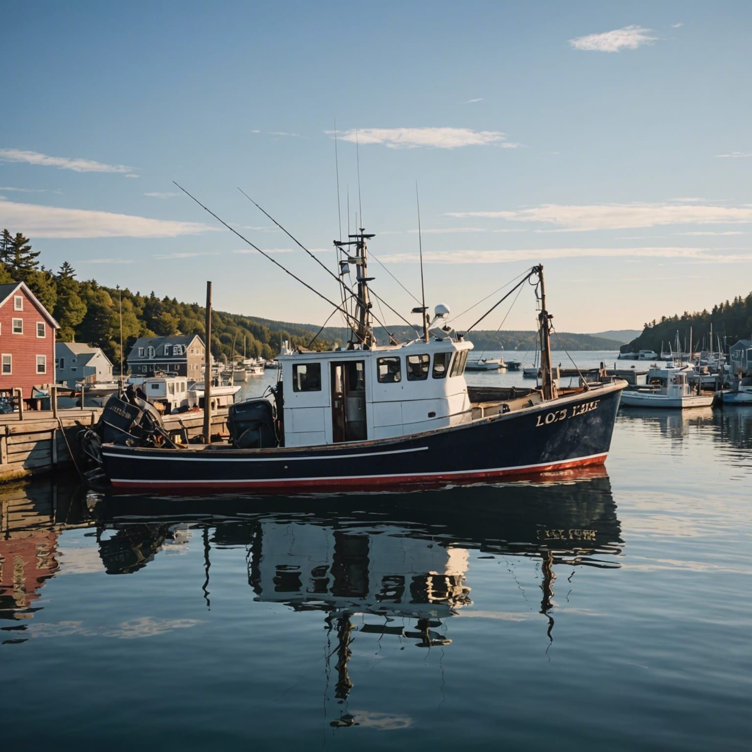 Lobster Boat Coasts into Harbor: Photorealistic Image