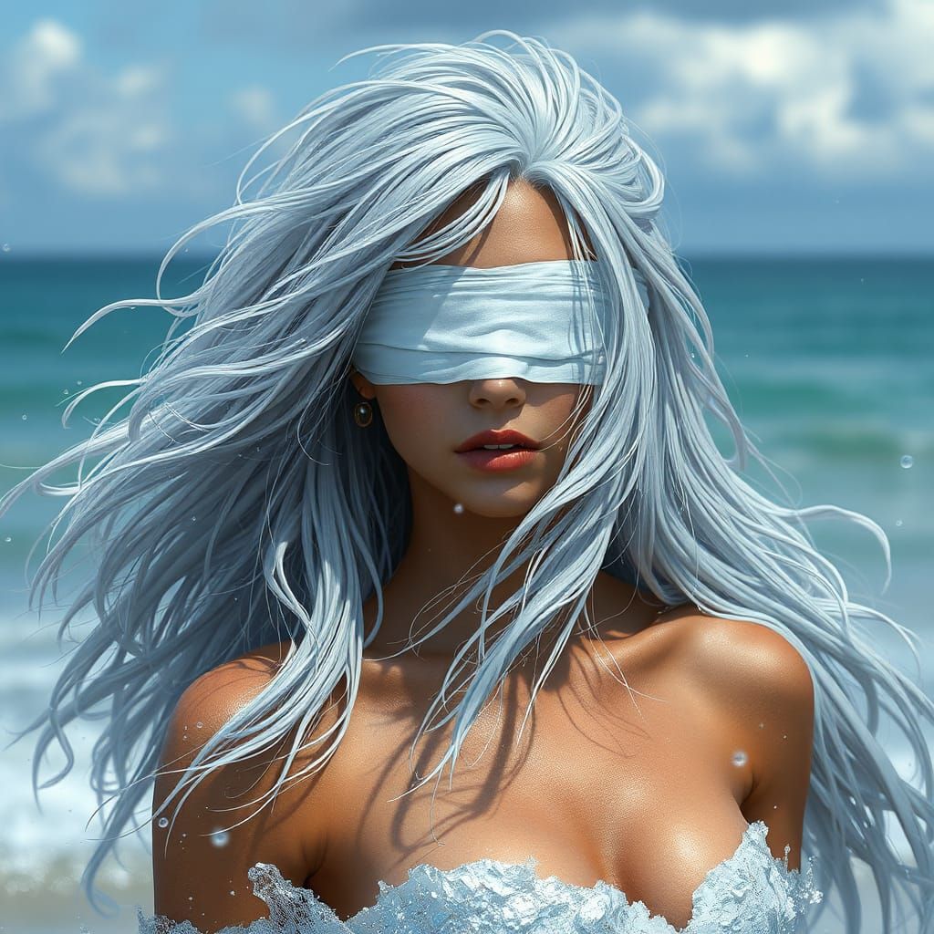 Fantasy Siren with Silver Hair on Beach