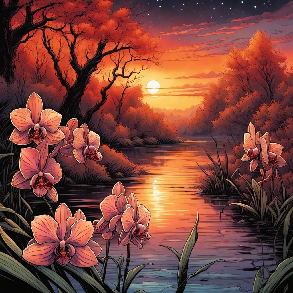 Gothic Watercolor River Sunset with Orchids