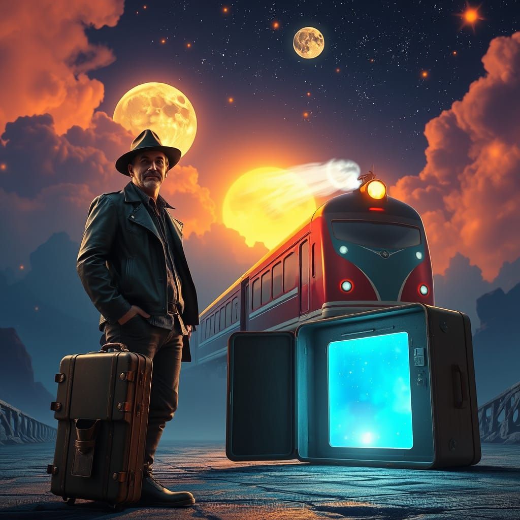 Portal Luggage Reveals Bioluminescent Train in Celestial Sky