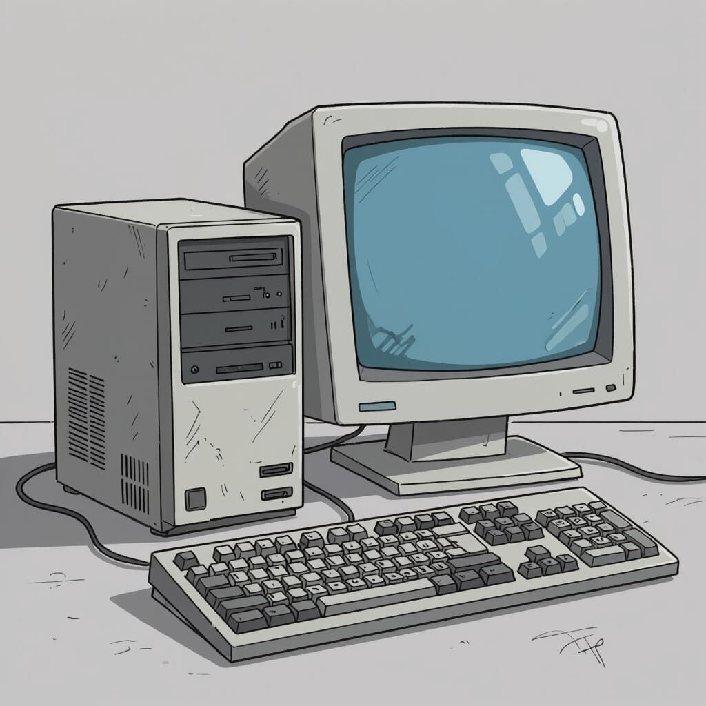 Retro 1990s PC in Gritty Cartoon Style