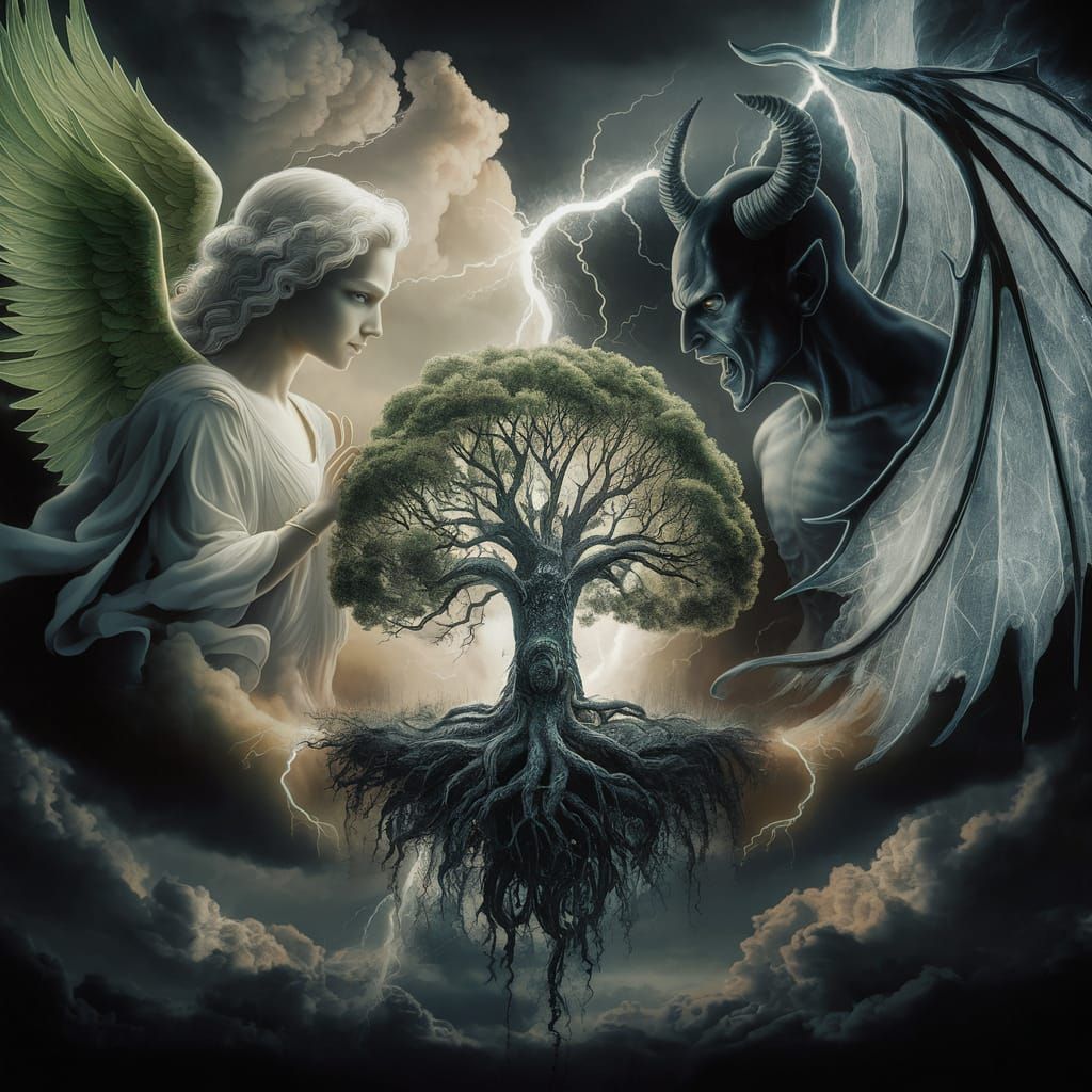Celestial Tree Watched by Angel and Demon