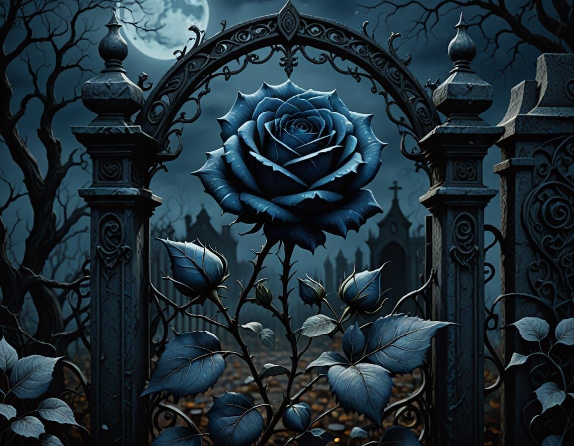Blue Rose in Gothic Graveyard Digital Painting
