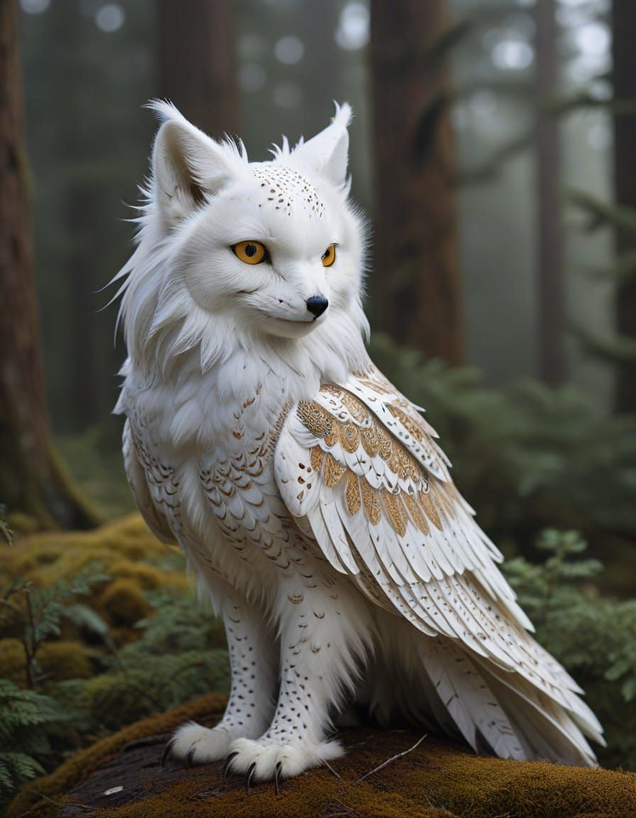 Whimsical Arctic Fox with Fennec Ears and Snowy Owl Wings