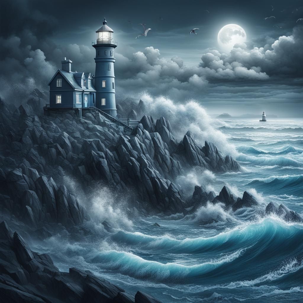 Monochrome Blue Lighthouse: Epic Sea View