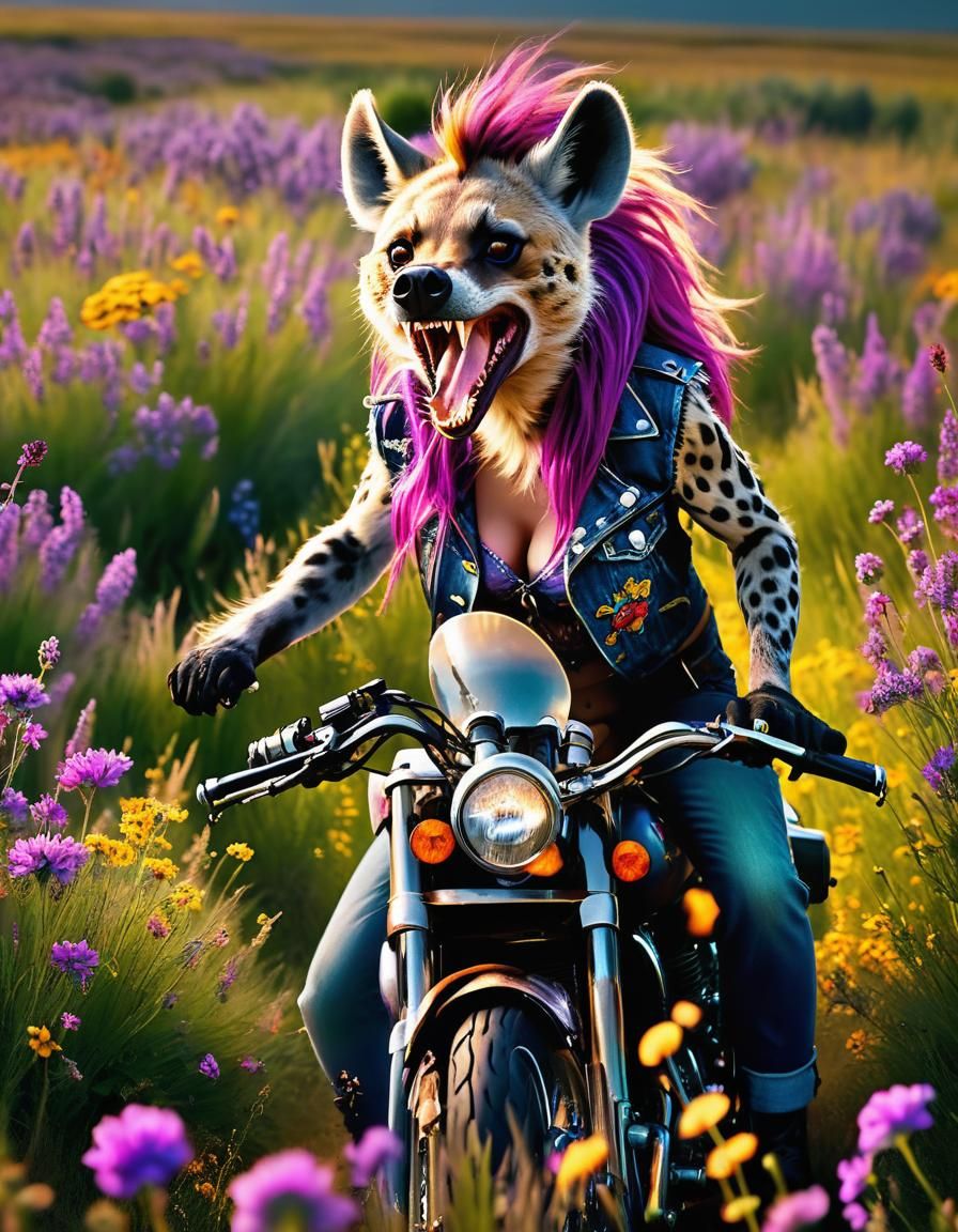 Furry Hyena on Flaming Motorcycle in Wildflower Field