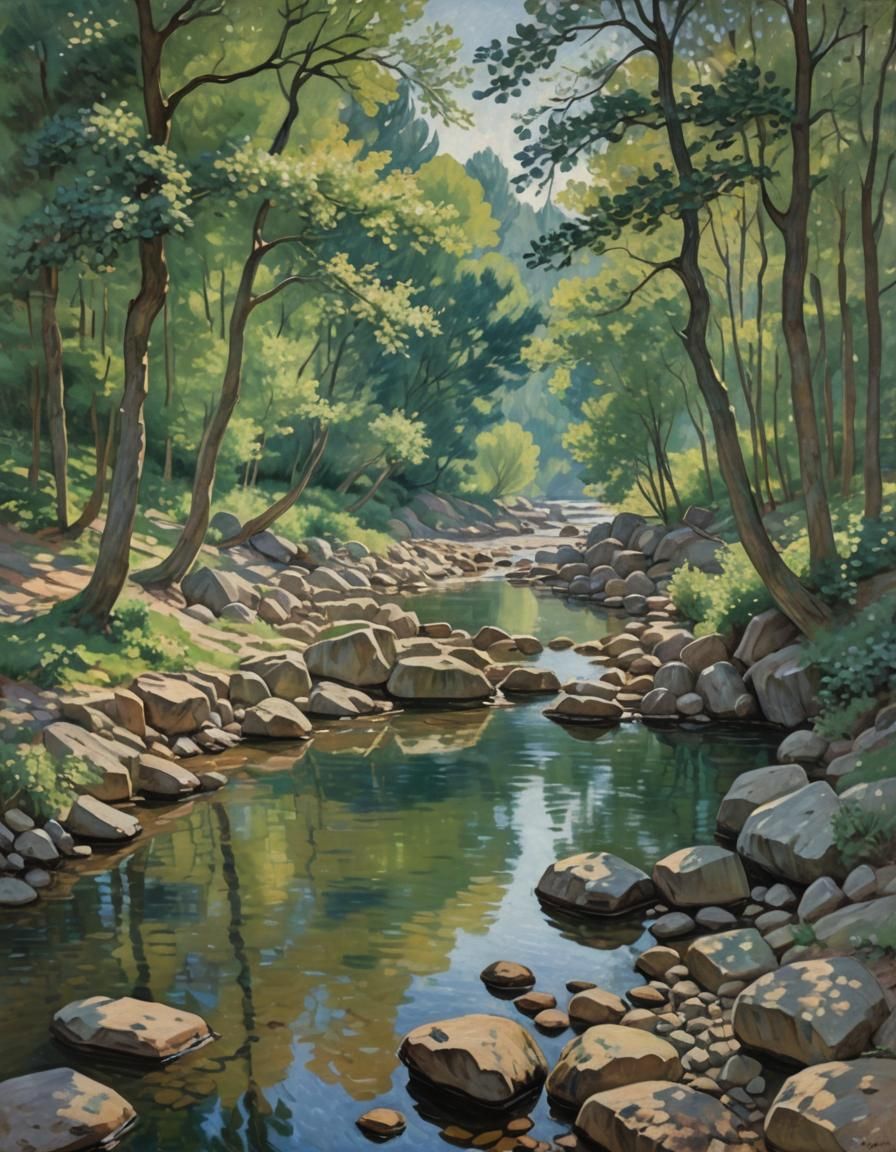 Impressionist Riverbank Landscape with Rocks and Shadows