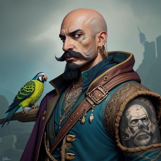 Pirate with Parakeet: Hyperrealistic Splash Art