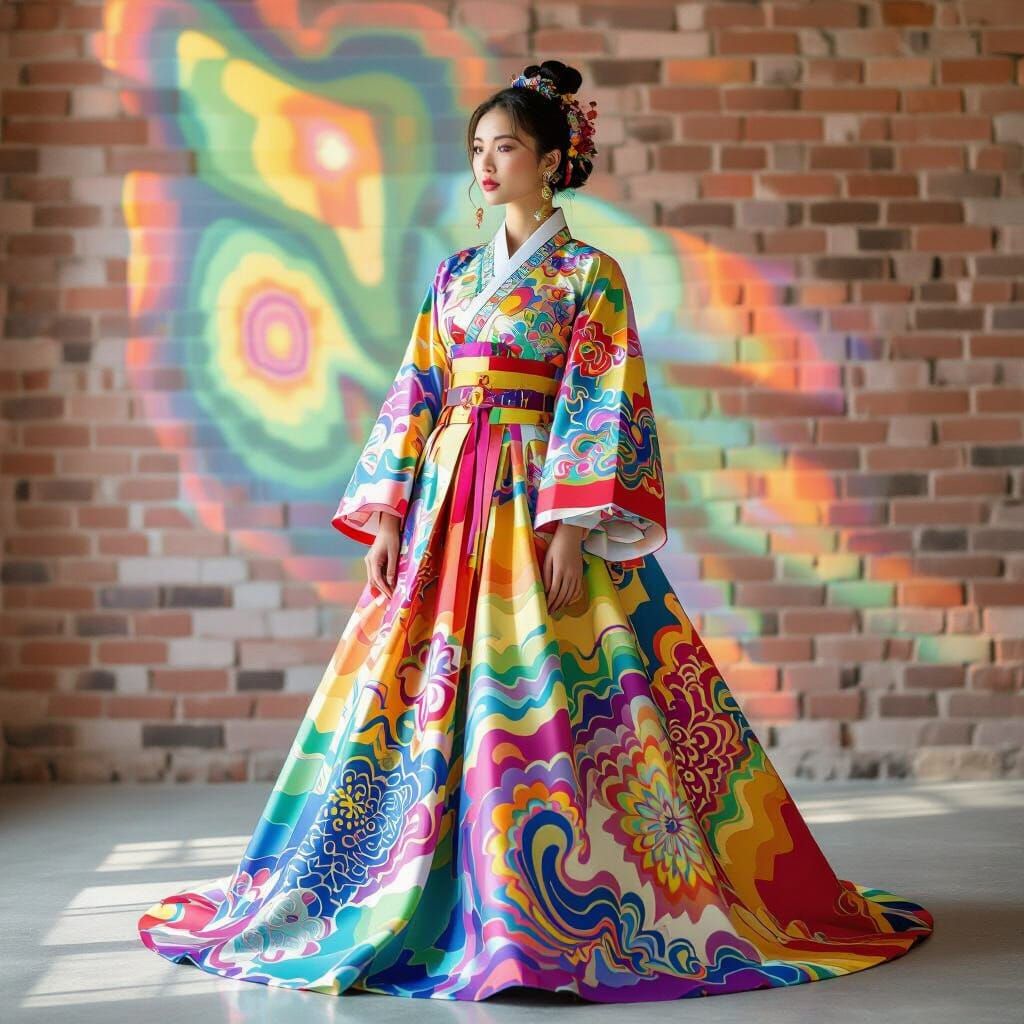 Woman in Psychedelic Rainbow Hanbok Fashion Photography