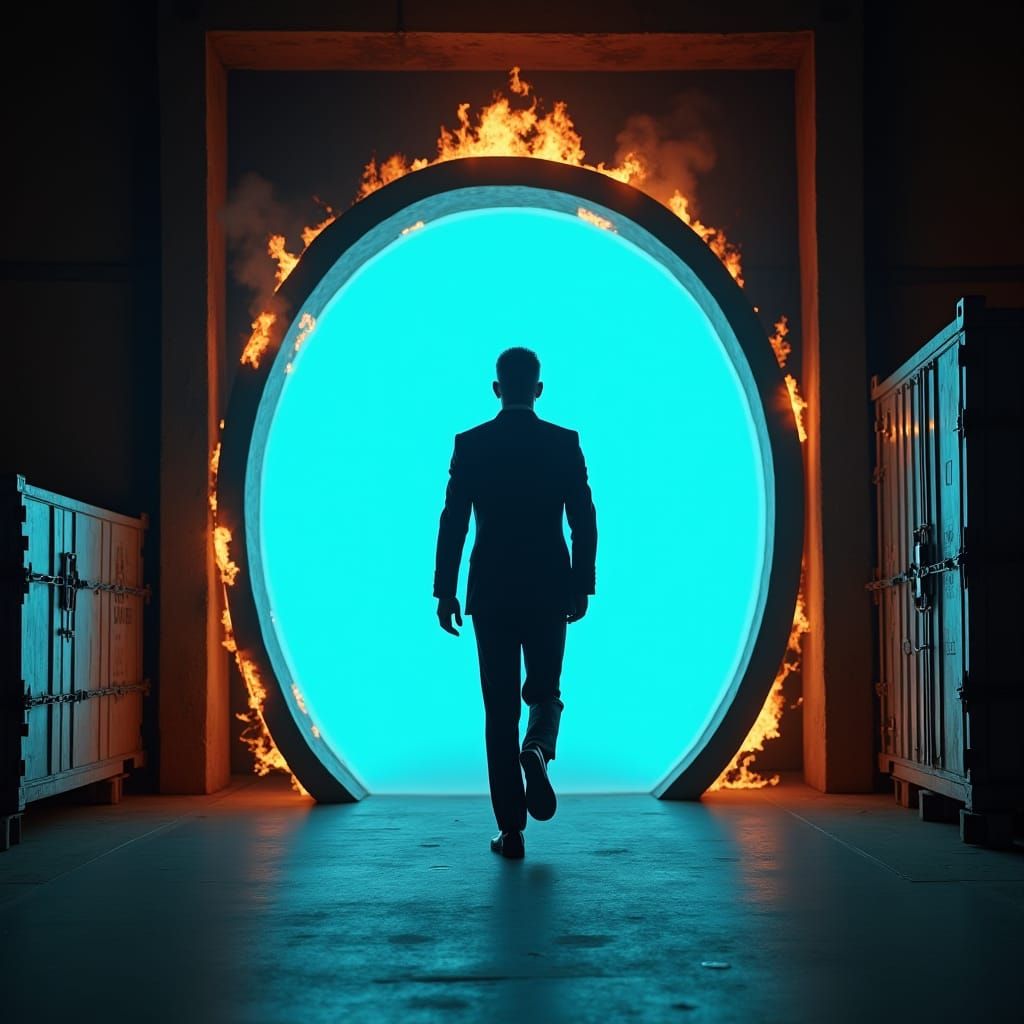 Elegant Man Steps Through Fiery Portal