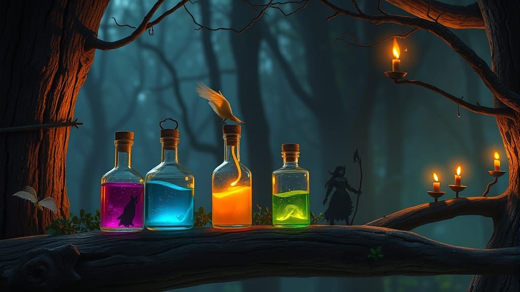 Fantasy Scene with Broken Potions and Floating Elves and Fai...
