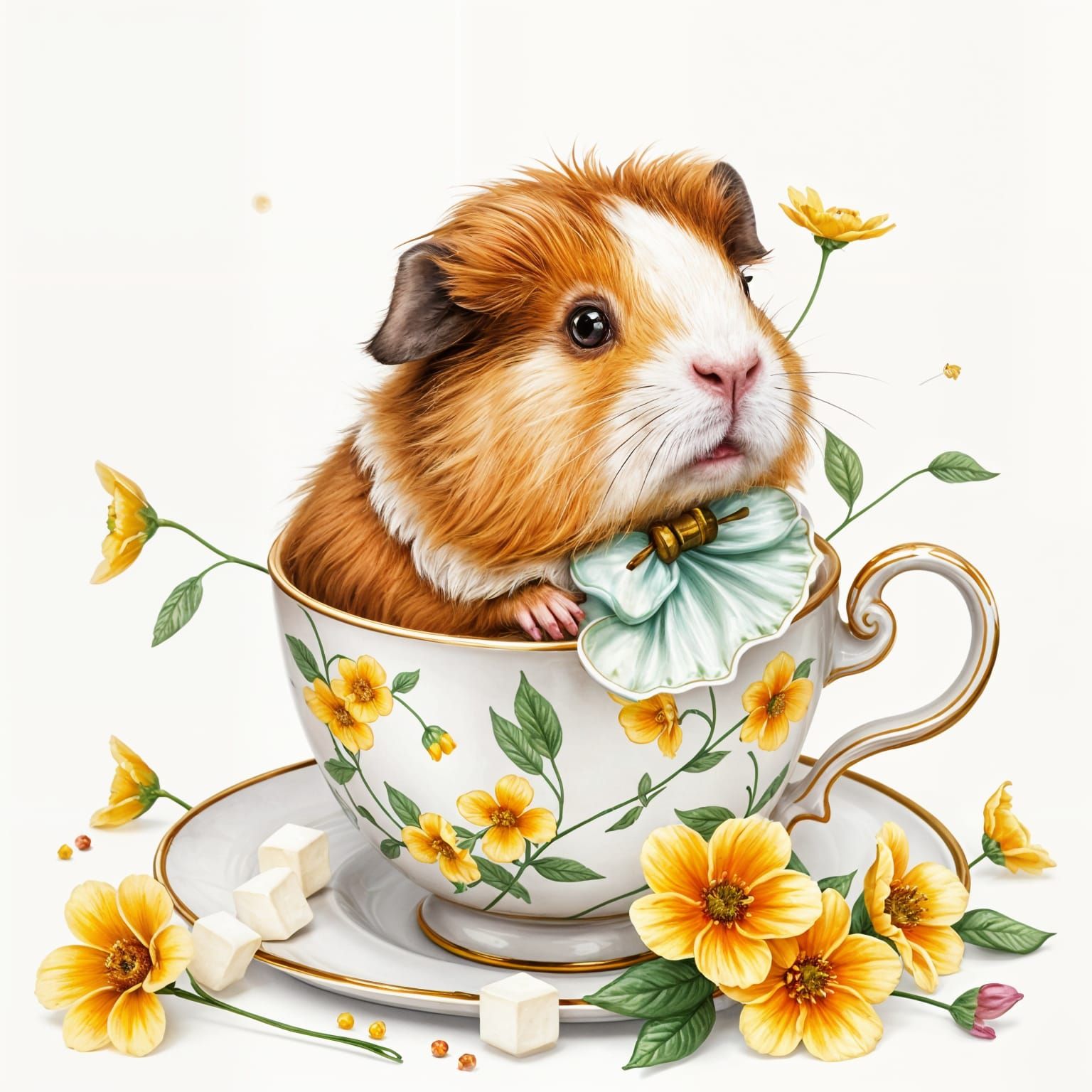 Whimsical Guinea Pig in Antique Teacup Wonderland