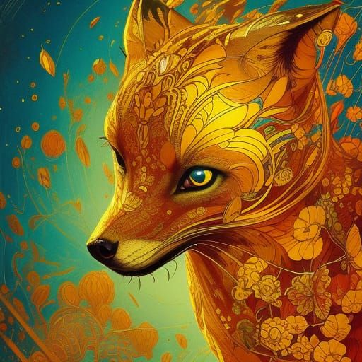 Luminous Fox with Golden Outlines, Digital Painting