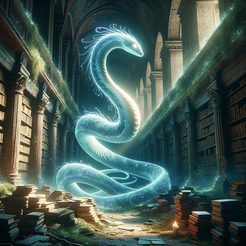 Glowing Serpent in Overgrown Library Digital Painting