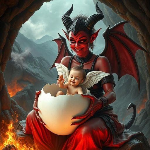 Red-Skinned Demon with Angel Hatchling