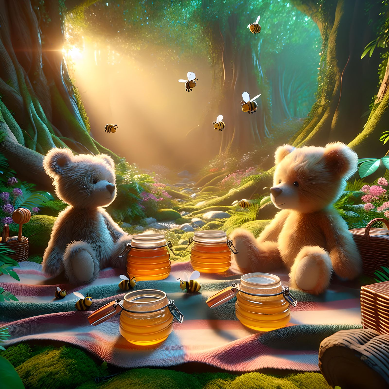 Teddy Bears' Picnic in Forest with Honey
