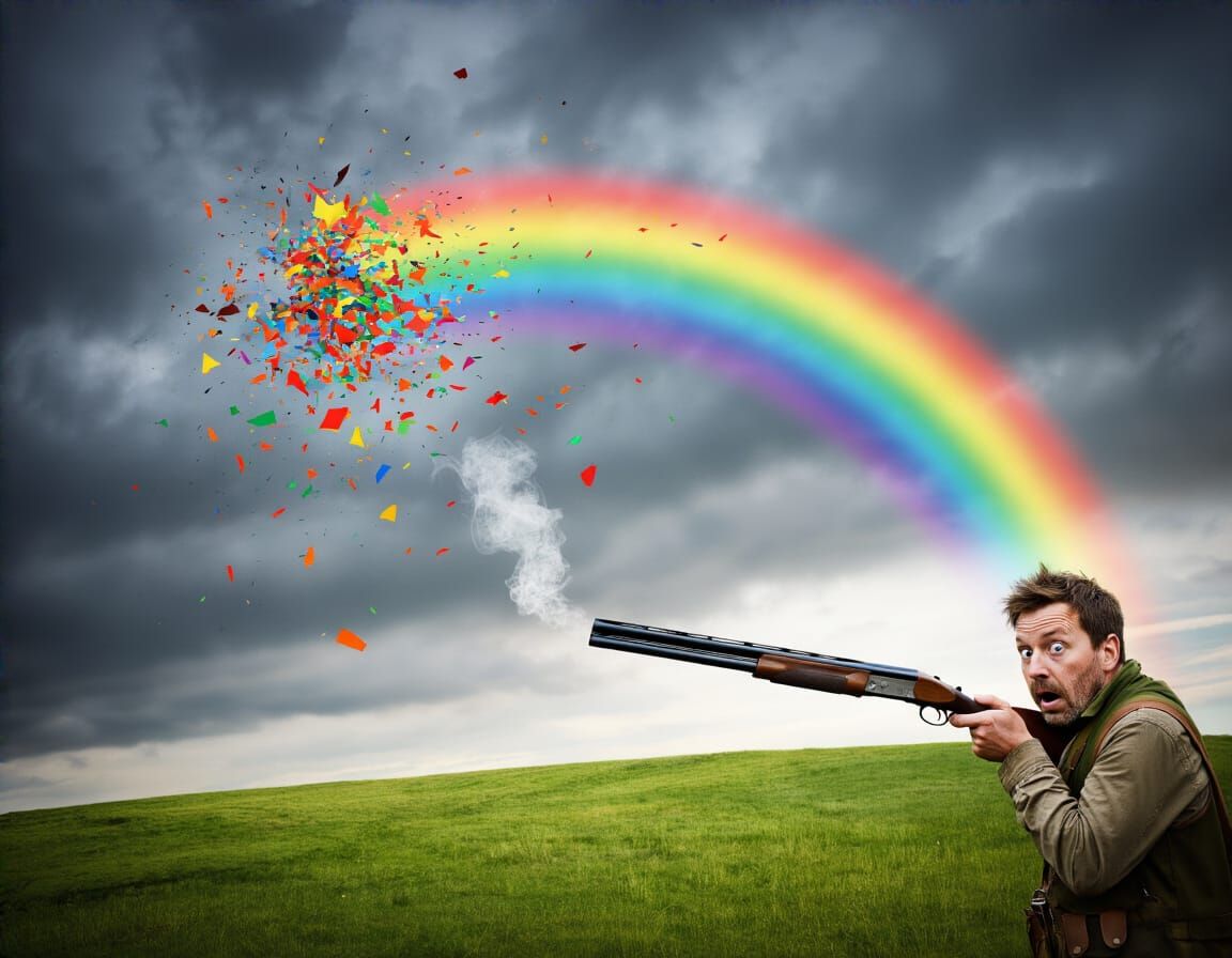 Hunter Shocked by Exploding Rainbow Over Grassy Hill