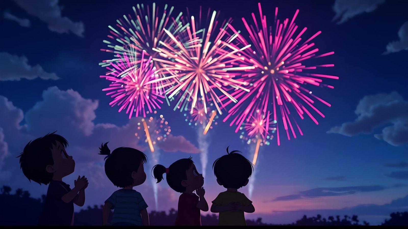 Epic Fireworks Show with Cartoon Silhouettes