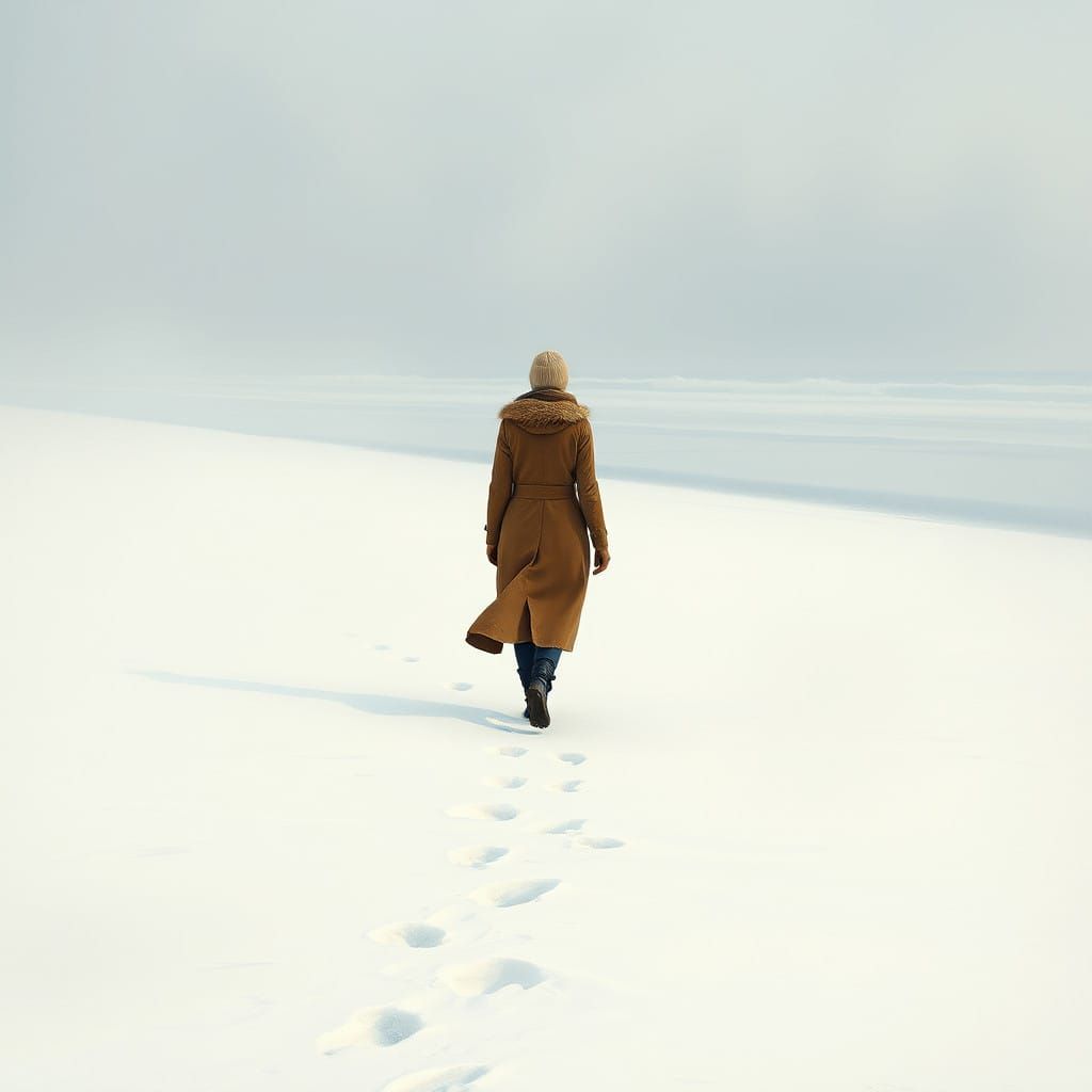 Woman Walks on a Serene Snowy Beach in Impressionist Style
