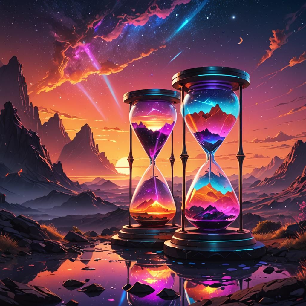Cosmic Hourglass: Prismatic Sunrise Meets Neon Sunset