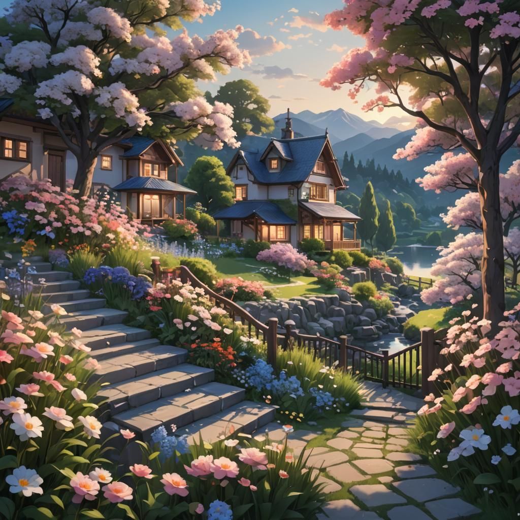 Anime Style Garden Scene with Distant Cottages
