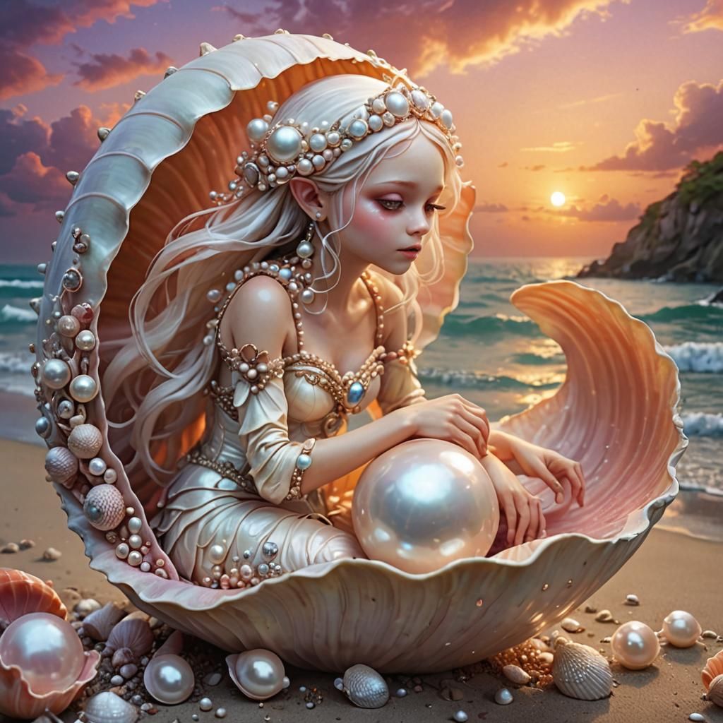 Surreal Pearl Shell Creature in Epic Sunset